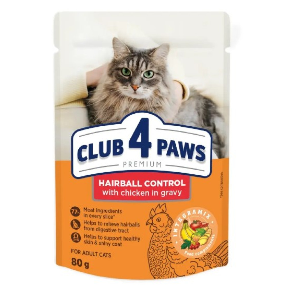 Влажный корм для кошек с эффектом выведения шерсти Club 4 Paws Premium 12 шт по 80 г (курица в соусе)