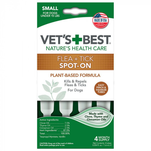 Капли от блох и клещей для собак Vet's Best Flea Tick Spot-on Tubs весом до 7 кг (4 пипетки)