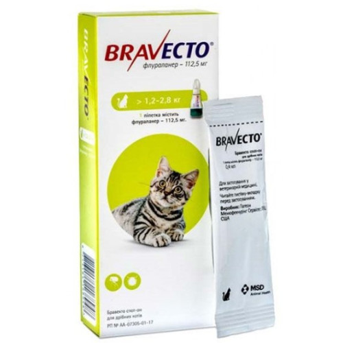Капли на холку от блох и клищей Бравекто Plus для котов весом 1,2-2,8 кг