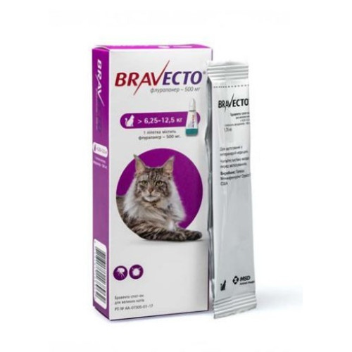 Капли на холку от блох и клищей Бравекто Plus для котов весом 6,25-12,5 кг 