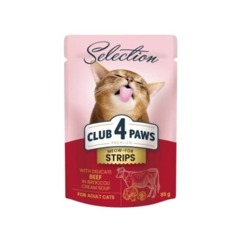 Вологий корм для кішок Club 4 Paws pouch 12 шт по 85 г Смужки (яловичина в крем-супі з броколі)