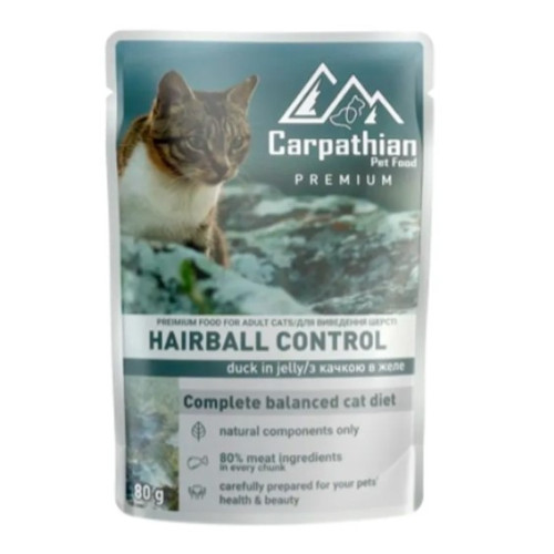 Вологий корм для кішок Carpathian Pet Food Hairball control для виведення вовни, желе з качкою 12 шт по 80 г