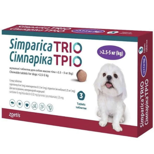 Таблетка Симпарика (ТРИО) от блох и клещей для собак весом от 2.5 до 5 кг 1 таблетка на 35 дней