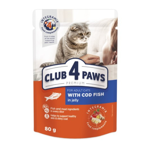 Вологий корм для кішок Club 4 Paws 12 шт по 80 г (тріска в желе)