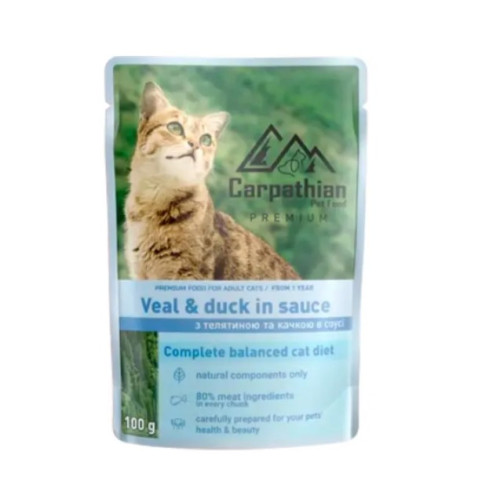 Вологий корм для кішок Carpathian Pet Food Veal &amp; duck in sauce Телятина з качкою у соусі 12 шт по 100 г