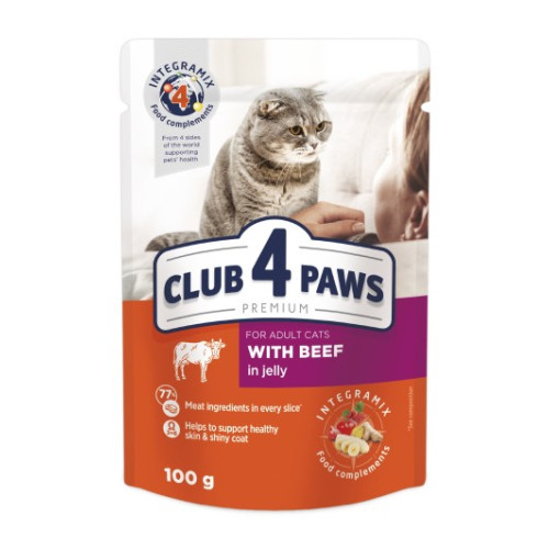 Вологий корм для кішок Club 4 Paws 12 шт по 100 г (яловичина в желе)