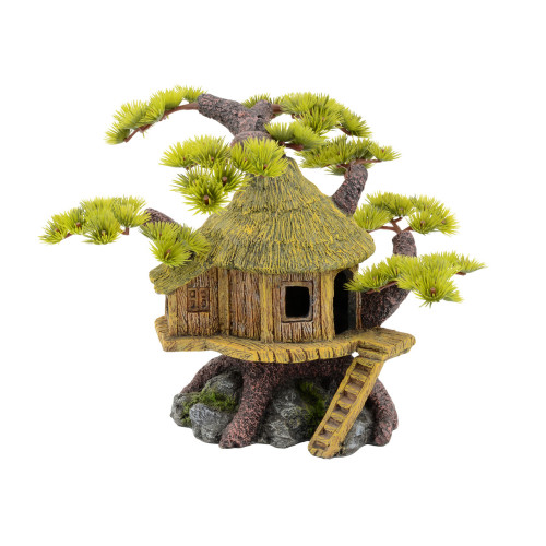 Декорация для аквариума "Дерево бонсай с домиком" 20.5х15.5х22.5 см