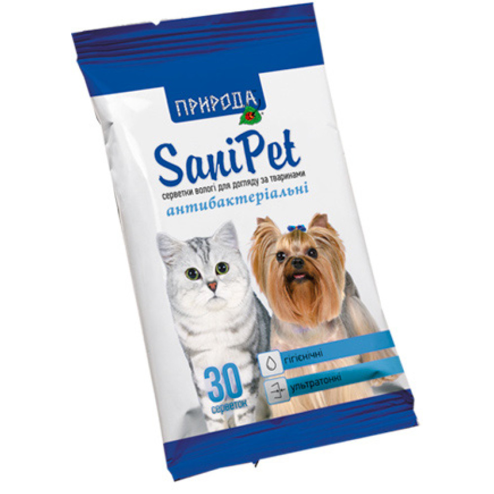 Природа SaniPet Вологі антибактеріальні серветки для котів та собак