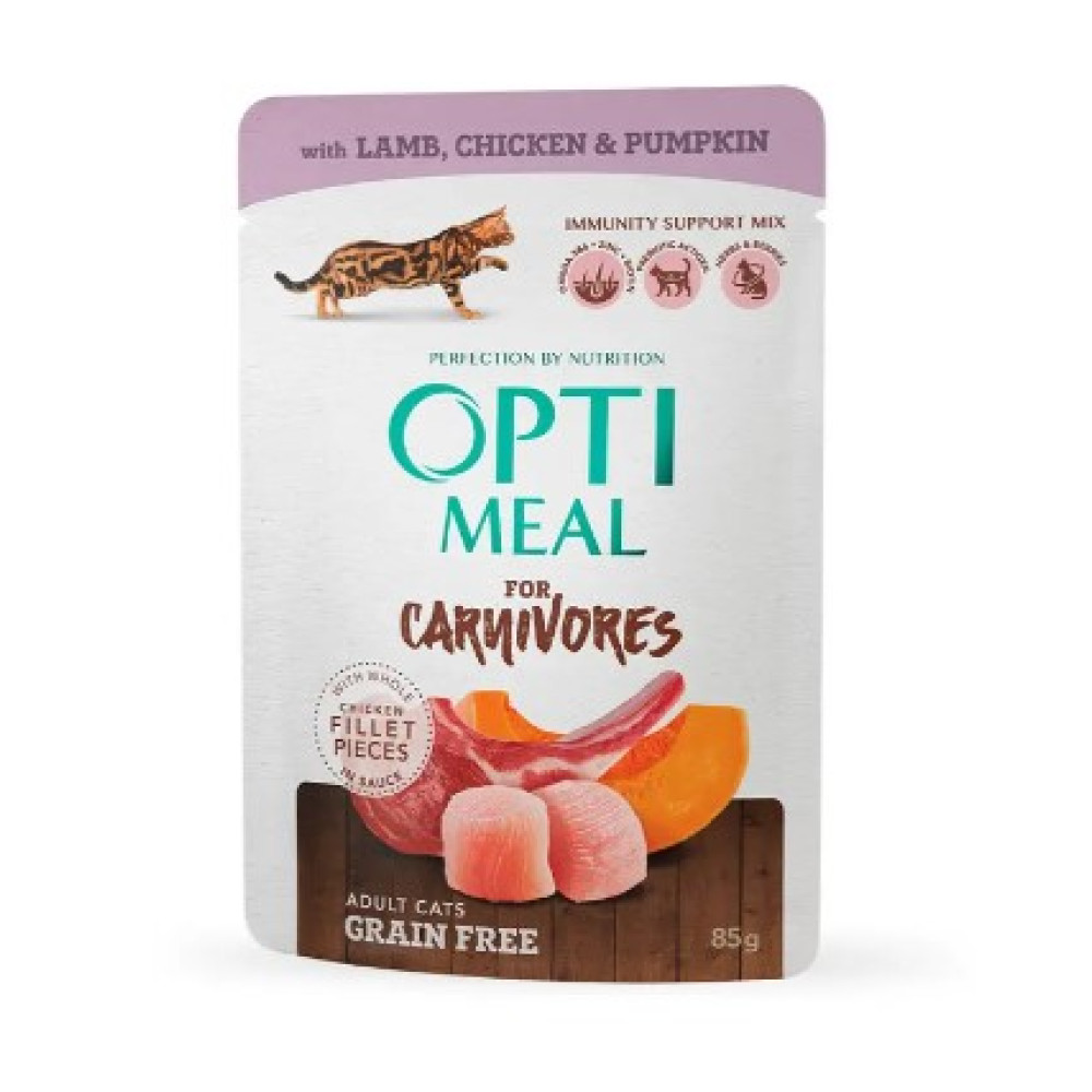 Влажный корм для взрослых кошек Optimeal 12 шт по 85 г (ягнёнок и курица в желе)