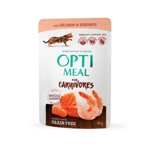 Вологий корм для дорослих кішок Optimeal 12 шт по 85 г (креветки та лосось у соусі)