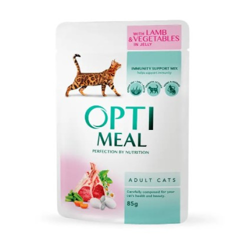 Вологий корм для дорослих кішок Optimeal 12 шт по 85 г (ягня та овочі в желе)