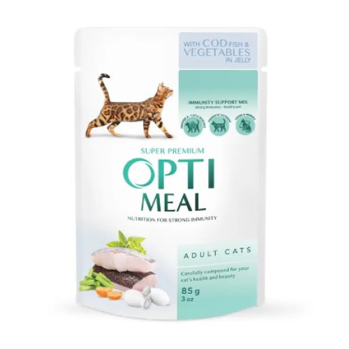 Вологий корм для дорослих кішок Optimeal 12 шт по 85 г (тріска та овочі в желе)