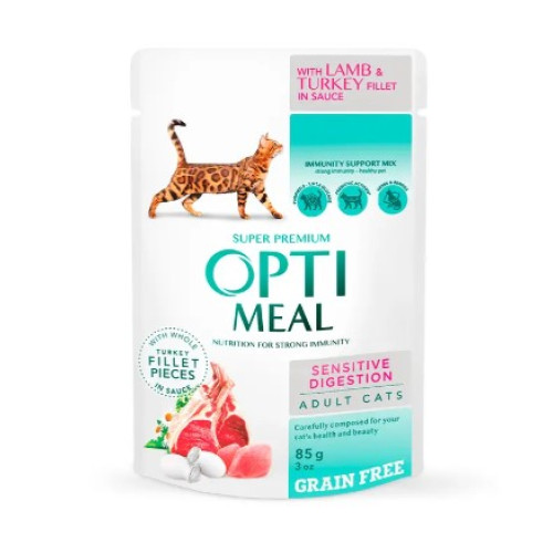 Влажный корм для кошек с чувствительным пищеварением Optimeal pouch 12 шт по 85 г (индейка и ягнёнок)