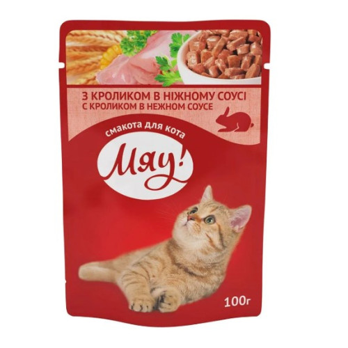 Влажный корм для взрослых кошек Мяу кролик в нежном соусе 12 шт по 100 г
