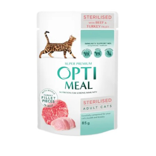 Влажный корм для стерилизованных кошек Optimeal pouch 12 шт по 85 г (говядина и индейка)