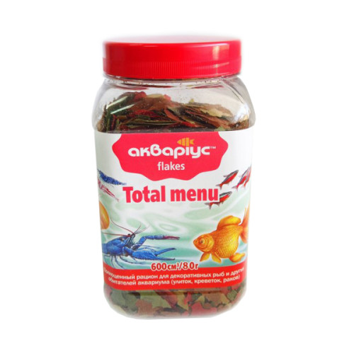 Корм для аквариумных рыб и креветок Аквариус "Total menu Flakes" в виде хлопьев 600 мл (80 г)