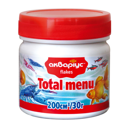 Корм для аквариумных рыб и креветок Аквариус "Total menu Flakes" в виде хлопьев 200 мл (30 г)