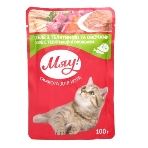 Влажный корм для взрослых кошек Мяу желе с телятиной и овощами 12 шт по 100 г