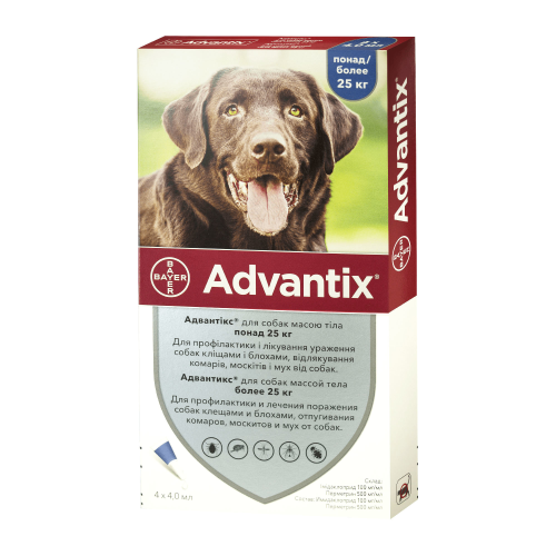 Краплі Bayer Авантікс (Advantix) від бліх та кліщів для собак від 25 до 40 кг (4 піпетки)