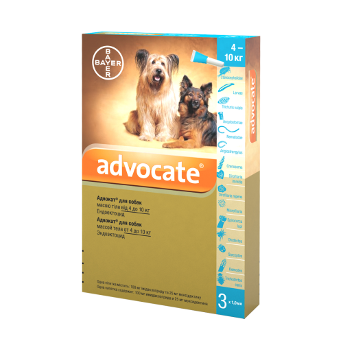 Капли Bayer Advocate (Адвокат) от заражений эндо и экто паразитами для собак от 4 до 10 кг (3 пипетки)