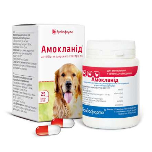 Антибактериальный препарат для животных Бровафарма Амокланид 25 капсул по 0.5 г