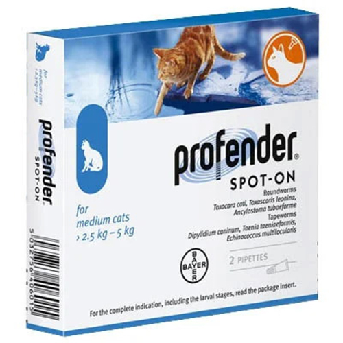 Капли от гельминтов Bayer Profender Spot-On (Профендер) для кошек от 2,5 кг до 5 кг (2 пипетки)