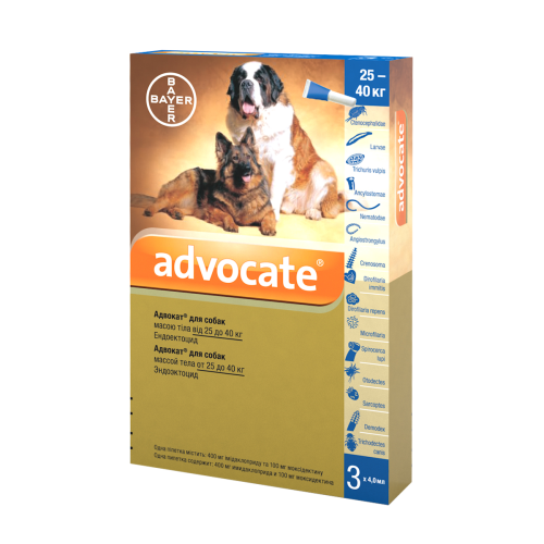 Капли Bayer Advocate (Адвокат) от заражений эндо и экто паразитами для собак от 25 до 40 кг (3 пипетки)