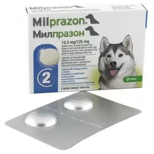 Препарат для лечения гельминтозов со вкусом мяса Милпразон 12,5 мг/125 мг KRKA для собак свыше 5кг 2таб