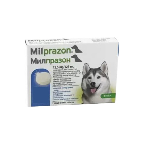 Препарат для лечения гельминтозов со вкусом мяса Милпразон 12,5 мг/125 мг KRKA для собак свыше 5кг 4 таб 