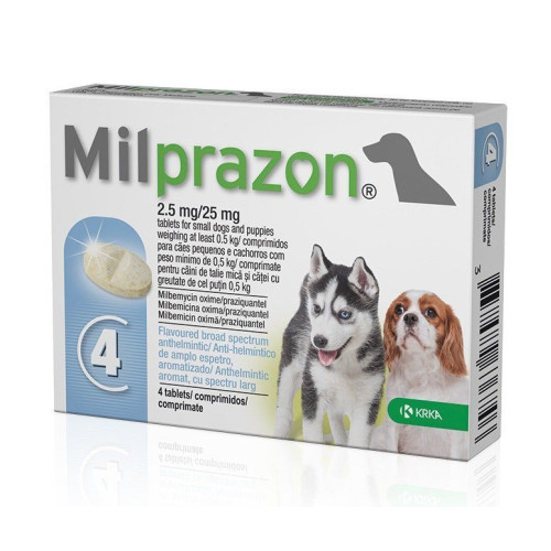 Препарат для лечения гельминтозов со вкусом мяса Милпразон 2,5 мг/25 мг KRKA для щенков и мелких до 5кг 4таб  
