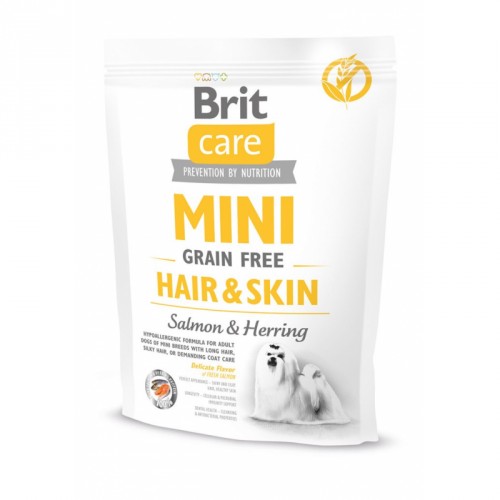 Сухой корм Brit Care Mini Grain Free Hair & Skin для взрослых собак миниатюрных пород с лососем 400 гр