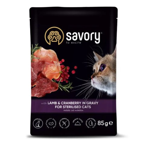 Влажный корм для стерилизованных кошек Savory 85г со вкусом ягненка и клюквы