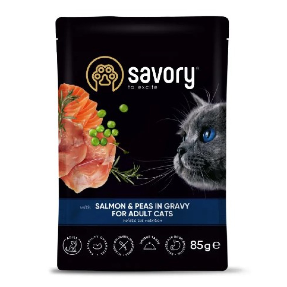 Влажный корм для взрослых кошек Savory 85г со вкусом лосося и горошка