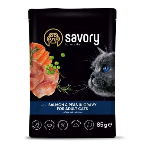 Вологий корм для дорослих кішок Savory 85г зі смаком лосося та горошку