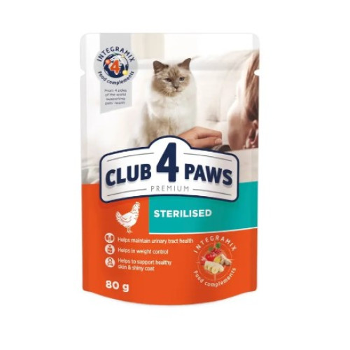 Влажный корм для стерилизованных котов Club 4 Paws Premium 12 шт по 80 г (курица в желе)