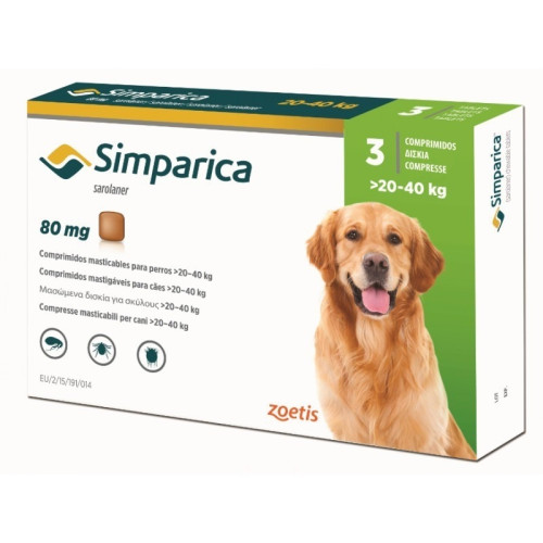 Таблетка Симпарика от блох и клещей для собак весом от 20 до 40 кг 1 таблетка